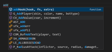 A picture of the SRB2 Lua VSCode extension with the text "add" typed into the editor, with multiple SRB2-specific options that match the string "add" popping up with Intellisense.