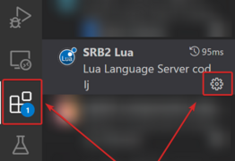 This picture shows the SRB2 Lua extension with some arrows pointing to the extensions icon on the left, and the gear icon on the right.