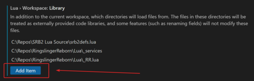 This picture shows the Library section of the SRB2 Lua extension's settings. The only file required for this to work is the SRB2defs lua file.