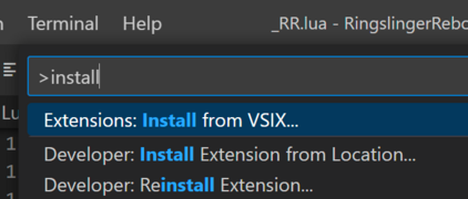A picture of VSCode with the command palette open, highlighting "Install from VSIX".