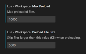 A picture of the SRB2 Lua VSCode extension's settings for max file sizes: Max Preload at 10000, and Preload File Size at 5000.